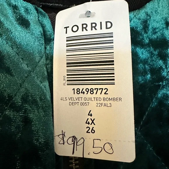 Torrid Women's Green Velvet Bomber Jacket - Picture 3 of 4